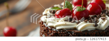 Decadent chocolate cake adorned with cherries and whipped cream ready for celebration 126177413