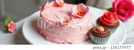 Delicious pink frosted cake decorated with flowers and accompanied by chocolate cupcakes on a white plate 126177477