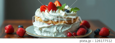Decadent berry cake topped with fresh strawberries and cream on a wooden table 126177512