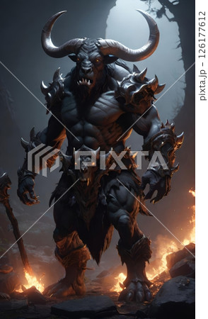 Powerful Minotaur Warrior Amidst Fire and Shadow 126177612