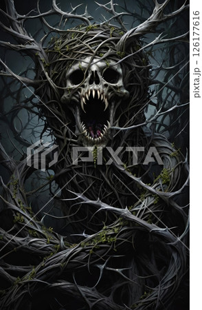Terrifying Skull Entwined in Thorny Branches 126177616