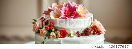 Elegant wedding cake decorated with fresh flowers and berries in a classic setting 126177617