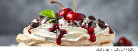 Delicious dessert with cherries, whipped cream, and berry sauce for a sweet treat 126177620