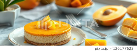 Delicious mango cheesecake with fresh mango pieces on a pastel table setting 126177622