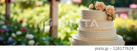 Elegant white wedding cake adorned with roses in a garden setting during a sunny outdoor celebration 126177624