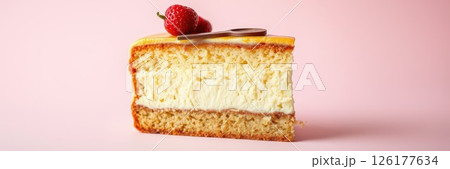 Delicious layered cheesecake slice with a strawberry on top against a pastel background 126177634