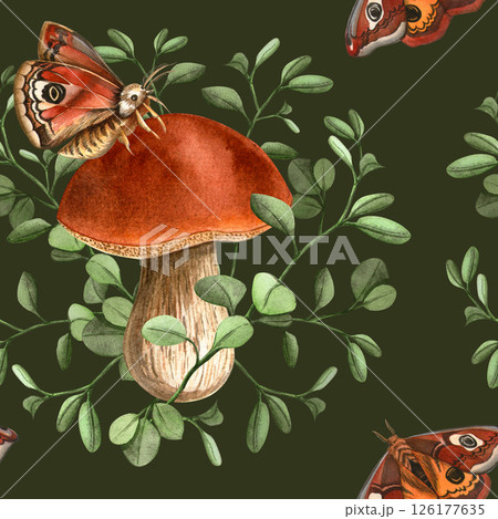 Green botanical seamless pattern with bolete mushrooms, peacock butterflies and foliage. Autumn forest hand drawn watercolor. Seasonal fall colorful texture for fabric, wallpaper, wrapping, prints 126177635