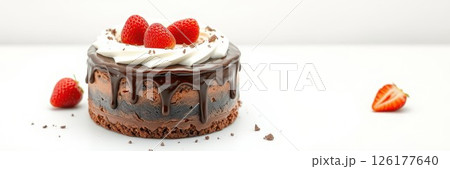 Delicious chocolate cake topped with fresh strawberries and whipped cream on a clean white background 126177640