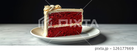 Delicious red velvet cake slice with creamy frosting on a white plate set against a dark background 126177669