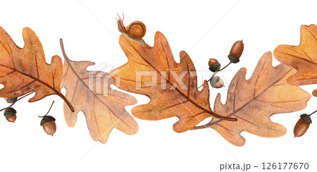 Elegant autumn seamless bordure - oak leaves, acorns, snails. Seasonal fall watercolor border of bright foliage and escargot Perfect for home fabric, floral textile, kitchenware, bedclothes, wrapping 126177670