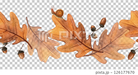 Elegant autumn seamless bordure - oak leaves, acorns, snails. Seasonal fall watercolor border of bright foliage and escargot Perfect for home fabric, floral textile, kitchenware, bedclothes, wrapping 126177670