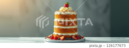 Three-layered cake adorned with fresh fruits and cream served on a plate in a well-lit kitchen setting 126177673