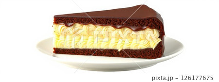 Chocolate layered cake with yellow cream filling served on a white plate 126177675