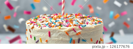 Colorful birthday cake topped with sprinkles and a candle surrounded by festive confetti 126177676