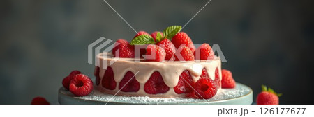 Raspberry cake elegantly displayed with fresh fruits on a light blue stand 126177677