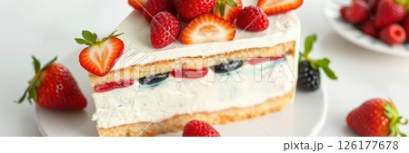 Delicious layer cake topped with fresh strawberries and raspberries on a clean white background 126177678