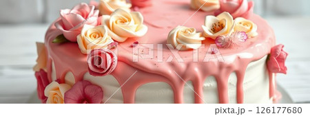 Beautifully decorated pink cake topped with fresh roses for a special celebration event at a cozy kitchen setting 126177680