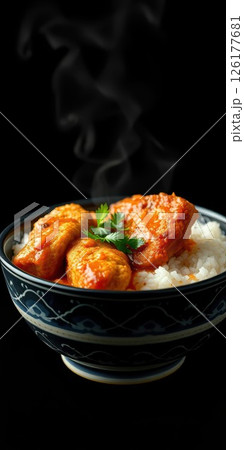 Delicious hot chicken served over steamed white rice with fresh herbs 126177681