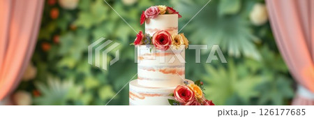 Elegant wedding cake adorned with colorful flowers and greenery at a celebration venue Elegant wedding cake adorned with colorful flowers and greenery at a celebration venue 126177685