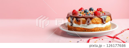 Delicious layered cake with chocolate, cream, and fresh berries on a pastel pink background 126177686