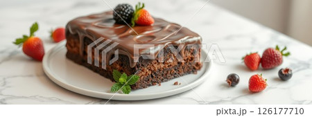 Decadent chocolate cake with fresh berries served on a white plate Decadent chocolate cake with fresh berries served on a white plate 126177710