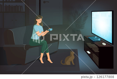 Cartoon Color Character Girl Playing Game Concept Flat Design Style. Vector illustration of Gaming Leisure Cartoon Color Character Girl Playing Game Concept Flat Design Style. Vector illustration of Gaming Leisure 126177808