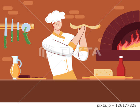 Cartoon Color Character Person Male Chef Cooking Pizza Concept Flat Design Style. Vector illustration of Traditional Italian Cuisine 126177828