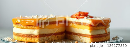 Delicious layered dessert featuring creamy fillings and caramel topping displayed on a glass plate Delicious layered dessert featuring creamy fillings and caramel topping displayed on a glass plate 126177850