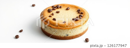 Coffee-flavored cheesecake with coffee bean decoration on a simple white background Coffee-flavored cheesecake with coffee bean decoration on a simple white background 126177947
