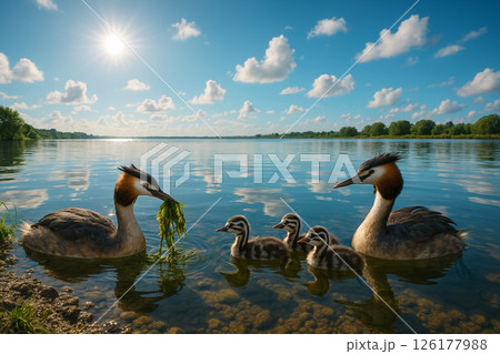 カンムリカイツブリの親子 126177988