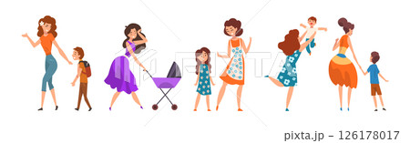 Young Mother with Her Kids Talking Having Good Time Vector Set 126178017