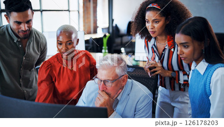 Business people, teamwork and computer in office, online reading and feedback for project proposal. Group, employee and cooperation in workplace, pc and email with newsletter and review report 126178203