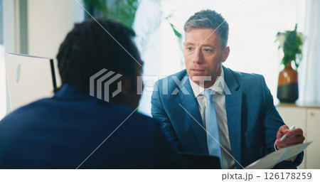 HR, candidate and resume with questions in interview for internal vacancy, company promotion and conversation. Meeting, manager or man with CV document for recruitment process or contract negotiation 126178259
