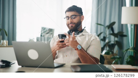 Home, man and laptop with smartphone for reading, chat and freelancer for call center. Office, headset and consultant with technology for sales research, social media or remote work for telemarketing Home, man and laptop with smartphone for reading, chat and freelancer for call center. Office, headset and consultant with technology for sales research, social media or remote work for telemarketing 126178299
