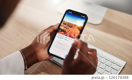 Person, hands or website with phone screen for holiday getaway, vacation or trip at office. Closeup, customer or user browsing with mobile smartphone display for online booking, travel or tourism app 126178366