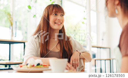 Woman, friends and talking with lunch at restaurant for breakfast date, discussion and bonding. Relax, people and food at cafe for coffee break, gossip chat and hangout together with support and care Woman, friends and talking with lunch at restaurant for breakfast date, discussion and bonding. Relax, people and food at cafe for coffee break, gossip chat and hangout together with support and care 126178503