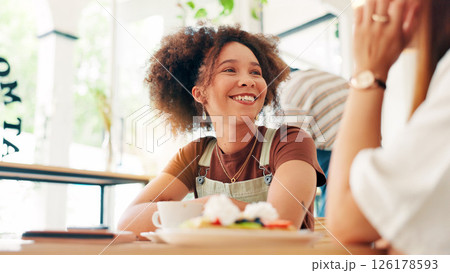 Girl, friends and happy with lunch at restaurant for breakfast date, conversation or bonding. Relax, people and talking at cafe for coffee break, gossip chat and hangout together with support or care 126178593