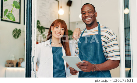 Cafe, entrance and portrait of team with tablet, smile and welcome with small business people. Partnership, confidence and restaurant staff at door on digital app for online booking, orders or review Cafe, entrance and portrait of team with tablet, smile and welcome with small business people. Partnership, confidence and restaurant staff at door on digital app for online booking, orders or review 126178631