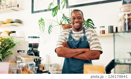 Portrait, welcome and black man in restaurant, arms crossed and hospitality industry with friendly service. African person, business owner or entrepreneur with pride, coffee shop and professional 126178641