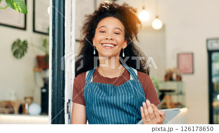 Barista, woman or tablet in door of cafe for customer welcome, seating plan or hospitality. Server, portrait or happy with digital app in restaurant doorway for online management or ready for service Barista, woman or tablet in door of cafe for customer welcome, seating plan or hospitality. Server, portrait or happy with digital app in restaurant doorway for online management or ready for service 126178650
