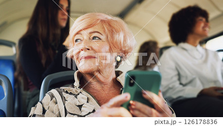 Bus, senior woman and thinking with phone for travel location, message and communication with contact. Public transport, elderly person and passenger with mobile for map application, commute and chat 126178836