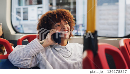 Phone call, happy and woman on bus for travel with communication, network or contact for university. Cellphone, smile and female student on mobile conversation for college results on public transport 126178837