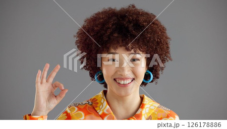 Fashion, retro and okay sign with portrait of woman for groovy aesthetic, success and approval emoji. Feedback, vintage style and support with person on gray background for designer review and vote 126178886