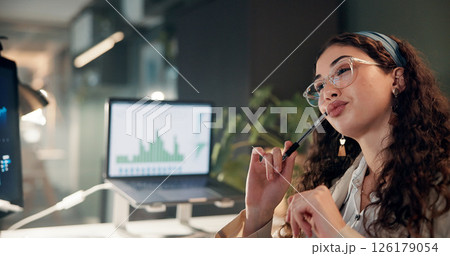 Woman, trading and computer with thinking for charts, pen for review, results or monitor for stocks at office. Person, decision and crypto investor at night by screen, value or market stats at agency Woman, trading and computer with thinking for charts, pen for review, results or monitor for stocks at office. Person, decision and crypto investor at night by screen, value or market stats at agency 126179054