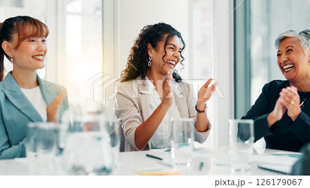 Business women, applause and success at meeting, happy and team goals with profit at finance agency. Group, people and excited with cheers, celebration and achievement with revenue growth at company 126179067