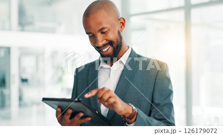 Review, smile and tablet with business black man in office for information, project management, report. App, data and research with corporate person in professional workplace for company development Review, smile and tablet with business black man in office for information, project management, report. App, data and research with corporate person in professional workplace for company development 126179072