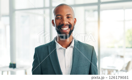 Portrait, business and happy black man in corporate office for finance or investment career at venture capital. Smile, professional employee and worker with confidence for private equity in Kenya Portrait, business and happy black man in corporate office for finance or investment career at venture capital. Smile, professional employee and worker with confidence for private equity in Kenya 126179081