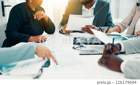 Business people, documents or hands with discussion in meeting for budget review, finance planning or forecasting. Financial analyst, teamwork or revenue report for data analysis or dividend briefing 126179084