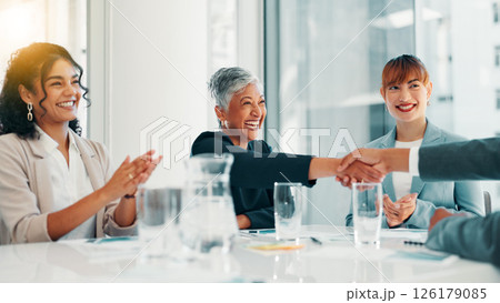 Business people, applause and shaking hands at meeting, celebration or profit goals at finance agency. Man, women and excited with promotion, success and achievement with revenue growth at company 126179085