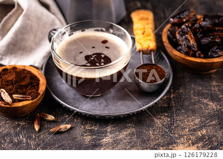 Coffee from date seed. Caffein free drink 126179228